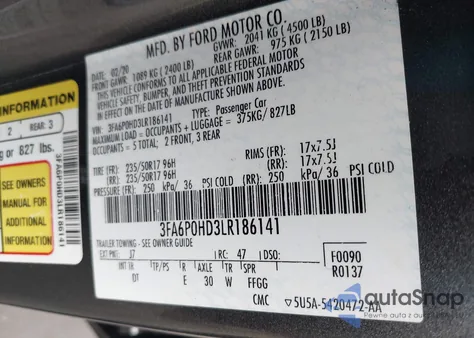 2020 Ford Fusion Se из США, поврежденный, VIN 3FA6P0HD3LR186141